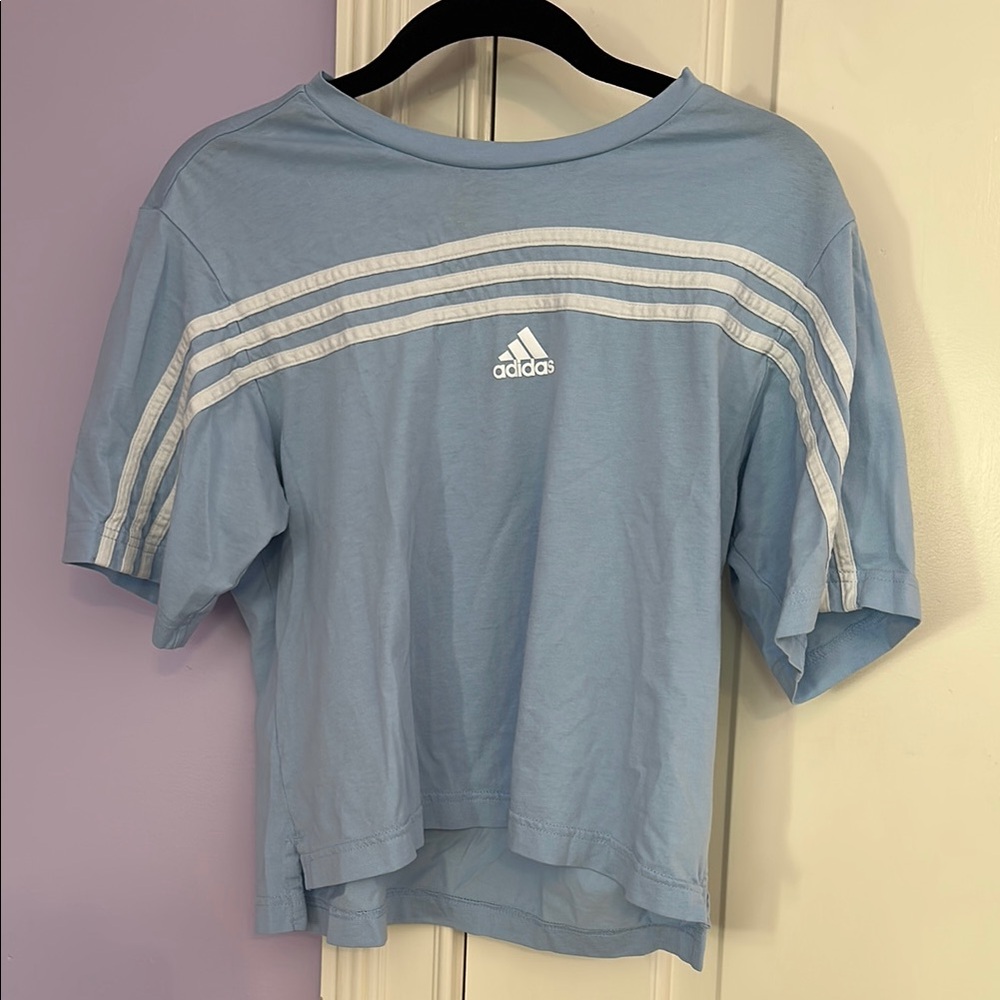 adidas Baby Blue Cropped Tee with White Three-Stripes